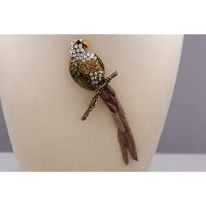 Vintage‎ Parrot Bird Brooch Rhinestone Enamel Tropical Bird Pin Gold Tone 4"